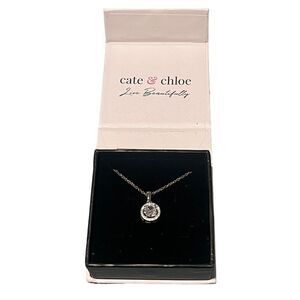 Cate & Chloe Necklace 18K White Gold Plated Halo Pendant CZ Crystals NEW